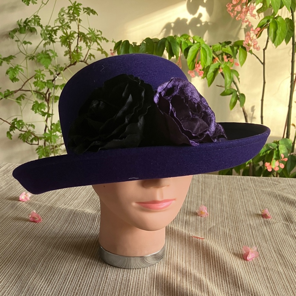 Elegant Purple Wool Hat With Black and Purple Velvet Floral Accents